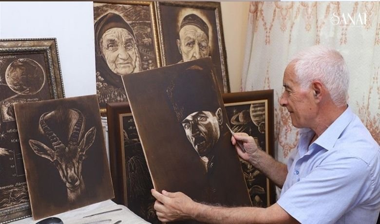 Azerbaycanlı amatör ressam Hüseyin Mirtegevi, neşter kullanarak resim yapıyor. 71